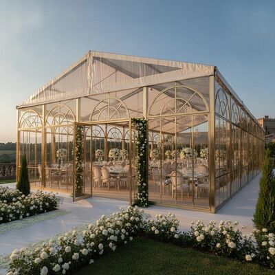 comprar Tenda luxuosa para festa de recepção de casamento, parede de vidro temperado, estrutura dourada champanhe, elegante, estrutura de dossel para local europeu Fabricação em linha