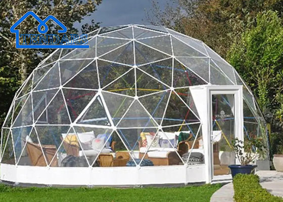 Tenda geodésica transparente de cobertura espessa branca de 50 m de diâmetro