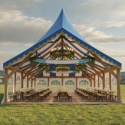 Tenda alemã para festa de cerveja estilo oktoberfest, tradicional design bávaro, mesa longa, assento, dossel para festival europeu