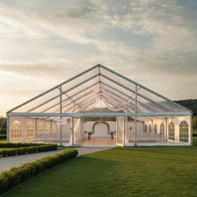 Barraca comercial de alumínio para festas, estrutura transparente, NFPA 701, local americano para eventos de casamento em PVC retardador de fogo