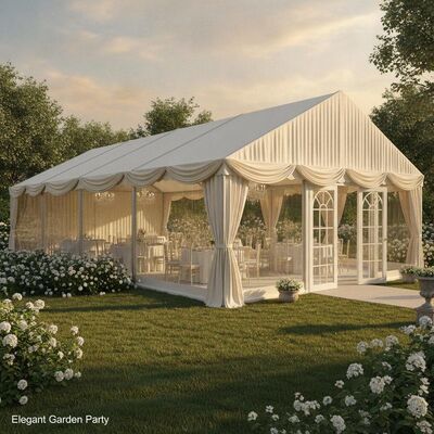 Tenda elegante para festa no jardim, estrutura de alumínio, dossel marfim, janelas panorâmicas, recepção externa francesa