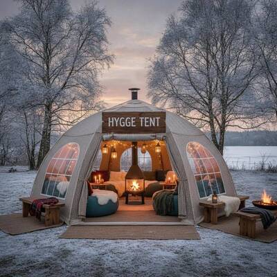 Danish Hygge Cozy Event Party Marquee Tent Atmosfera aquecida isolada Design para Dinamarca Reuniões sociais ao ar livre