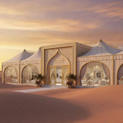 Luxo Deserto da Arábia Evento de casamento Festa Marquise Tenda Climate Controlado Gold Finish para celebrações reais dos Emirados Árabes Unidos